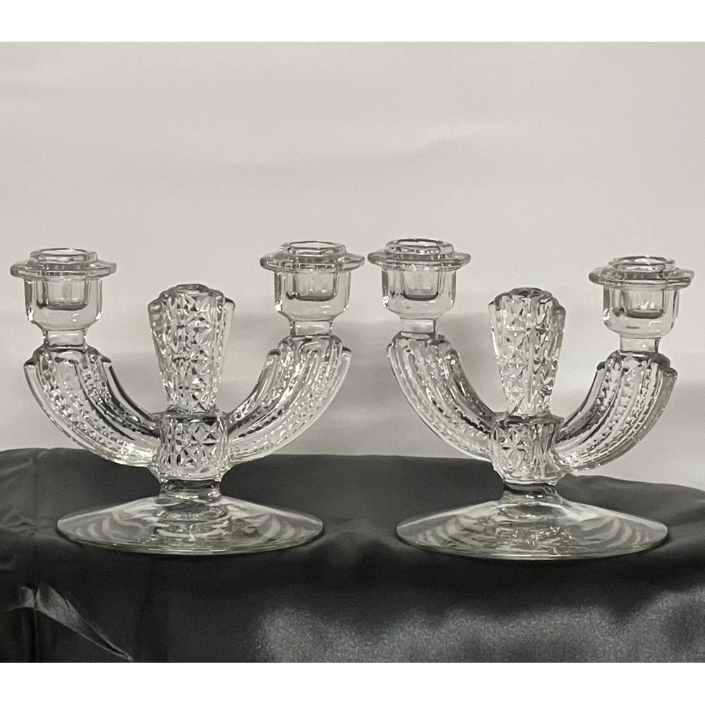 Tiffin Franciscan Williamsburg Clear Glass Double Candlesticks Candelabra Pair